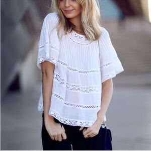 Love Sam White Cotton Eyelet Lace Blouse Top Shirt Short Sleeve Boho Size XS